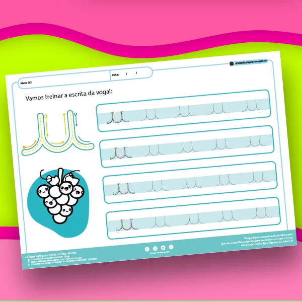 Vogais: 4 Atividades em 1 Descrição do Produto: Este PDF educativo foi cuidadosamente elaborado para ajudar as crianças a aprenderem as vogais de forma interativa e divertida. Com 4 blocos distintos de atividades, este material oferece diversas maneiras de praticar o reconhecimento e a escrita das vogais, tornando o aprendizado mais dinâmico e envolvente. Características do PDF: Bloco 1 - Aprendizado de Escrita: Cada página contém uma vogal grande com setas direcionais numeradas para ensinar a forma correta de escrita. Apresenta as quatro formas de escrita (maiúscula e minúscula, cursiva e bastão) ao canto da página. Inclui uma ilustração para colorir, incentivando a criatividade enquanto se aprende. Bloco 2 - Identificação de Vogais: Em cada página, uma vogal grande para a criança tracejar. Ilustração com o nome em letra cursiva, ajudando na associação entre som e letra. Bolinhas com várias vogais, onde a criança deve identificar e marcar a vogal correta. Bloco 3 - Prática de Escrita: Vogal média com setas numeradas para tracejar. Ilustração temática. Quatro pautas com 20 repetições para que a criança pratique a escrita da vogal, promovendo a memorização e fluidez. Bloco 4 - Atividades Interativas: Atividade de ligar a vogal à figura correspondente. Folha com cartas das vogais que podem ser recortadas e usadas em diversos jogos educativos, reforçando o aprendizado de forma lúdica. Benefícios do Formato PDF: Acesso Imediato: Receba o arquivo diretamente no seu e-mail logo após a compra. Fácil de Imprimir: Imprima quantas cópias desejar, ideal para uso contínuo em casa ou na escola. Aprendizado Completo: Combinando escrita, identificação e atividades interativas, o material oferece uma abordagem abrangente para o ensino das vogais.