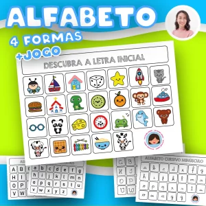 Alfabeto Completo com Quatro Formas de Escrita Descrição do Produto: Este material educativo em PDF foi desenvolvido para facilitar o ensino do alfabeto completo, abordando as quatro formas de escrita: letras maiúsculas, minúsculas, cursiva e bastão. Com 5 páginas de atividades, este recurso é ideal para acompanhar e reforçar o progresso da aprendizagem das crianças de forma dinâmica e envolvente. Características do PDF: Páginas 1 a 4 - Tabelas do Alfabeto Completo: Cada página contém uma tabela do alfabeto completo em uma das quatro formas de escrita: Maiúsculas. Minúsculas. Cursiva. Bastão. Essas tabelas são essenciais para a visualização e comparação das diferentes formas de cada letra, permitindo que a criança reconheça e pratique a escrita correta em cada estilo. Página 5 - Ilustrações de A a Z: A quinta página traz ilustrações coloridas e divertidas de A a Z, com cada imagem representando uma palavra correspondente à letra inicial. Ideal para jogos de fixação, onde a criança pode associar as imagens às letras. Perfeito para atividades de associação com as tabelas do alfabeto, reforçando a memorização e compreensão das letras.